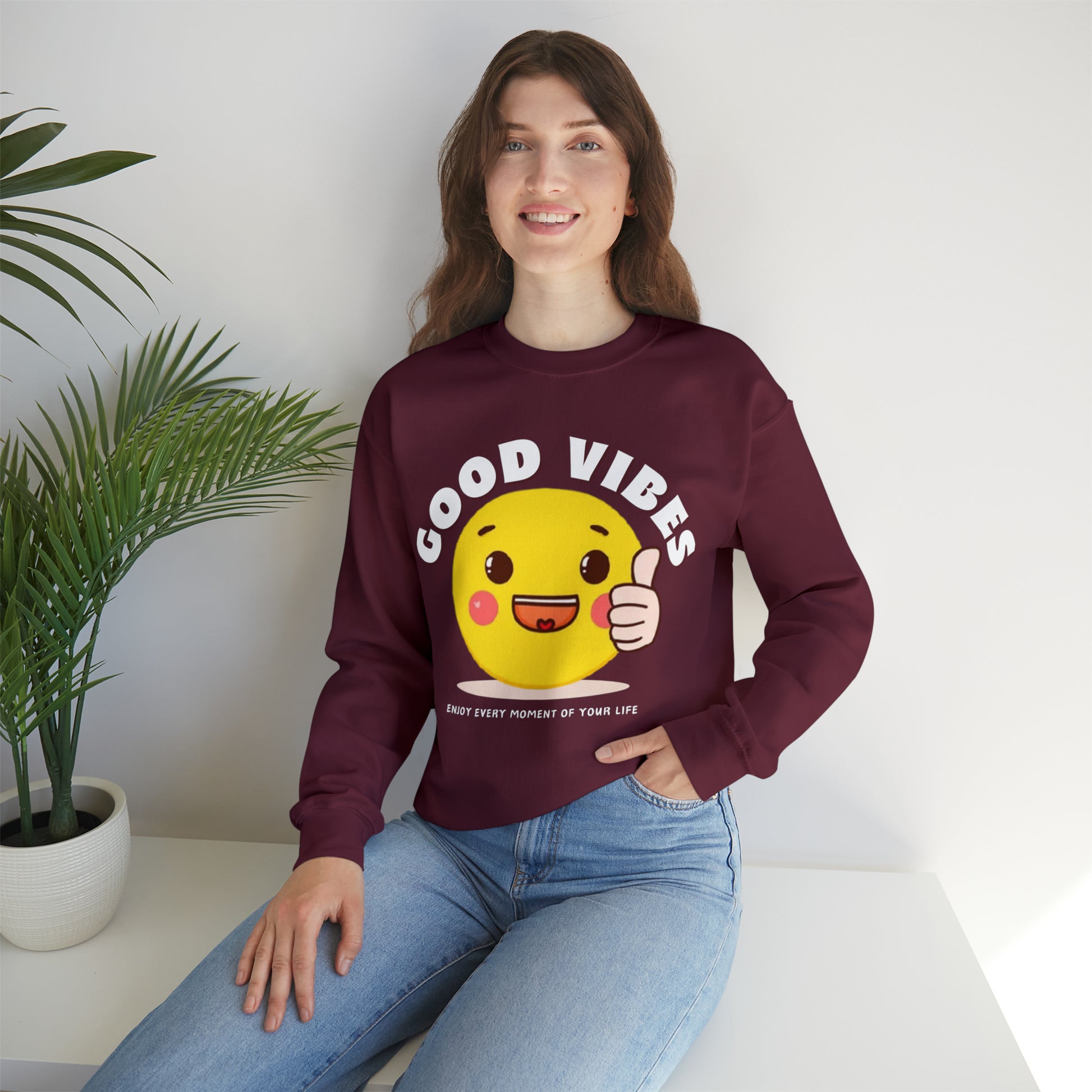 Bright and cozy Good Vibes sweatshirt with fun, loving print
