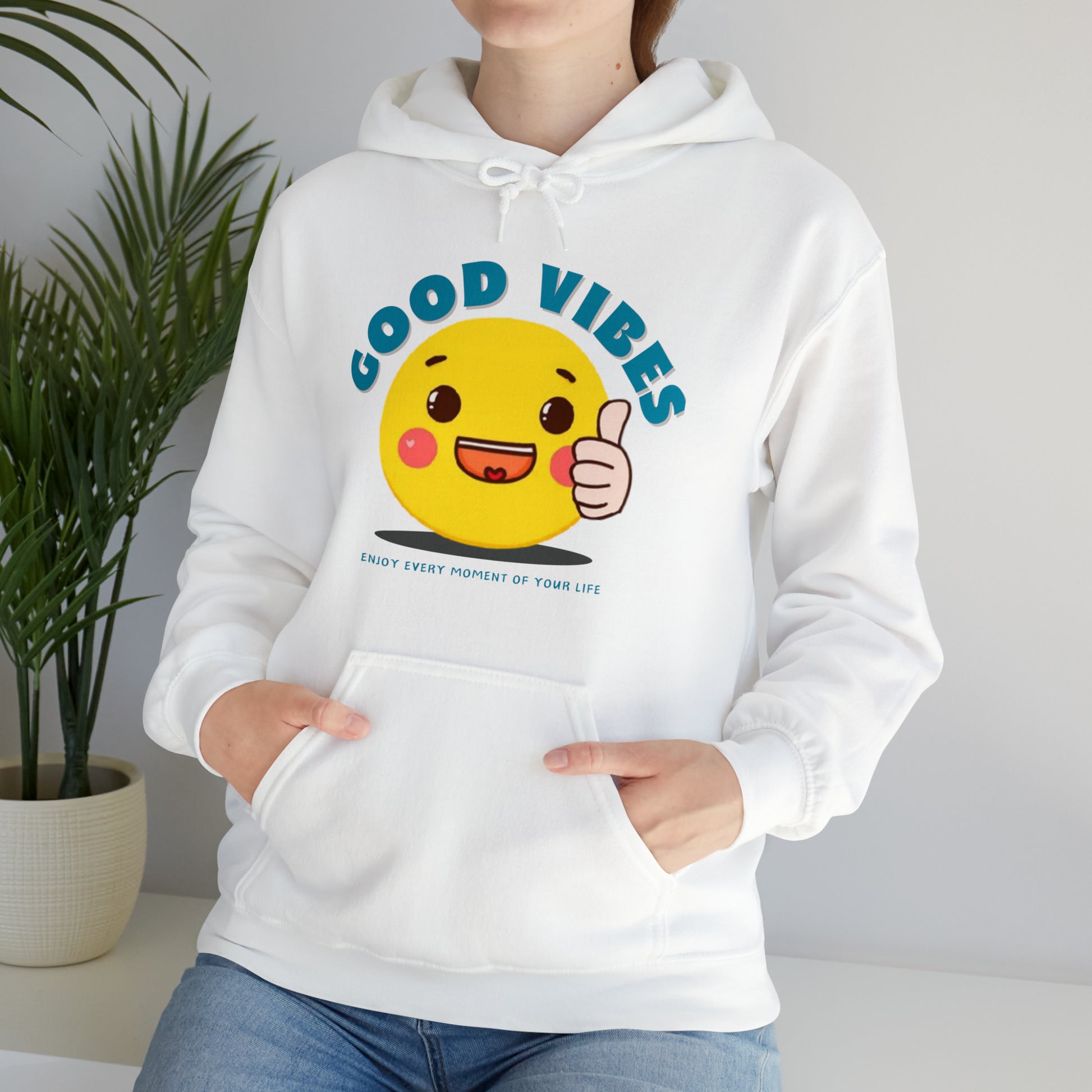 Cozy Good Vibes hoodie with a positive graphic design