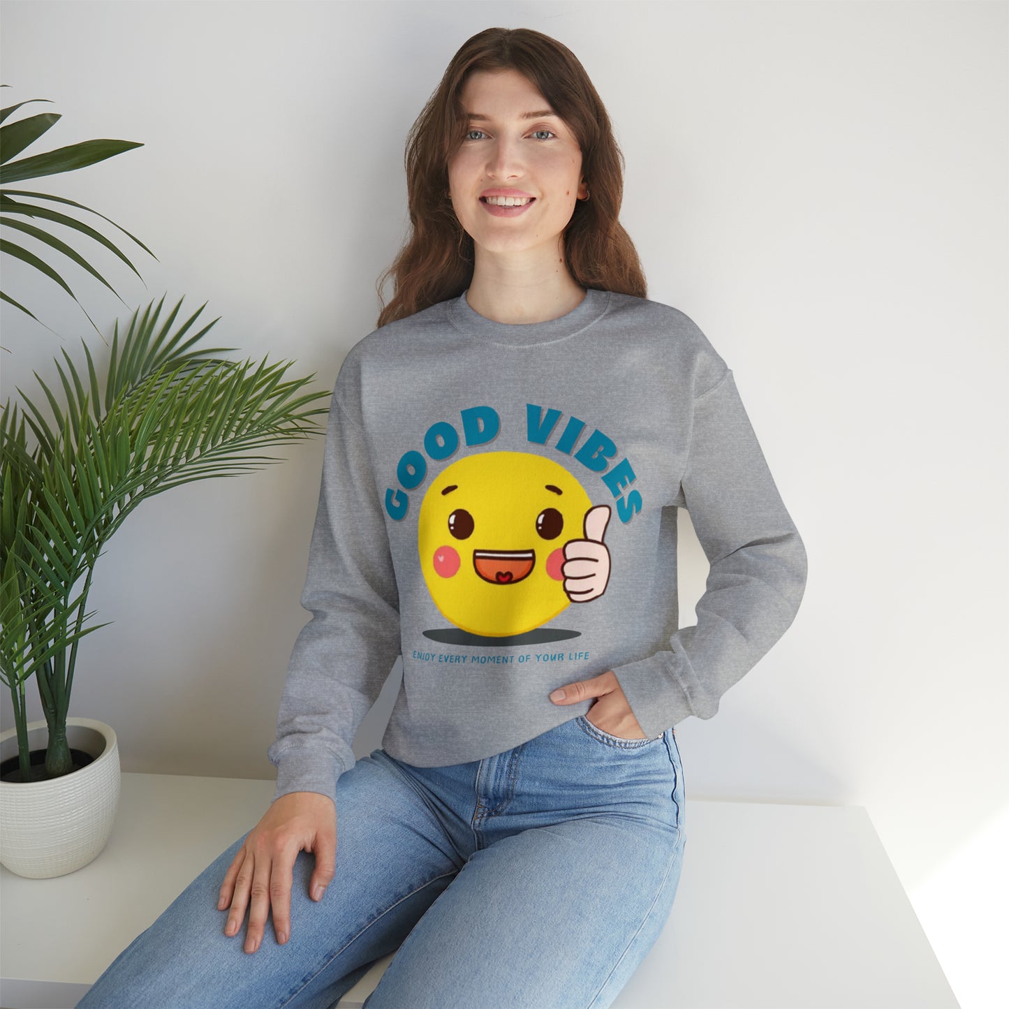 Minimalist Good Vibes sweatshirt with heart and smile design