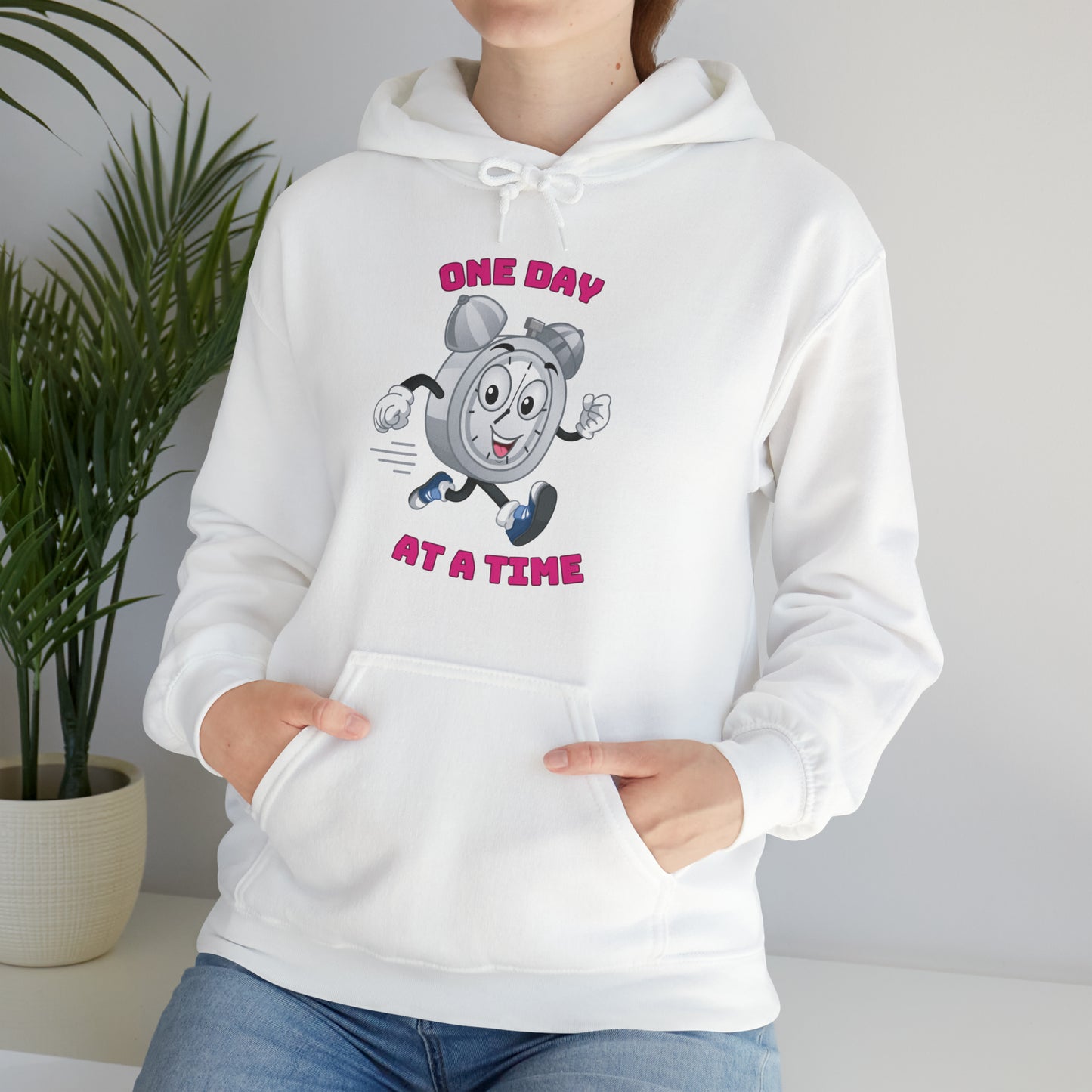 One Day At a Time hoodie with minimalist motivational text