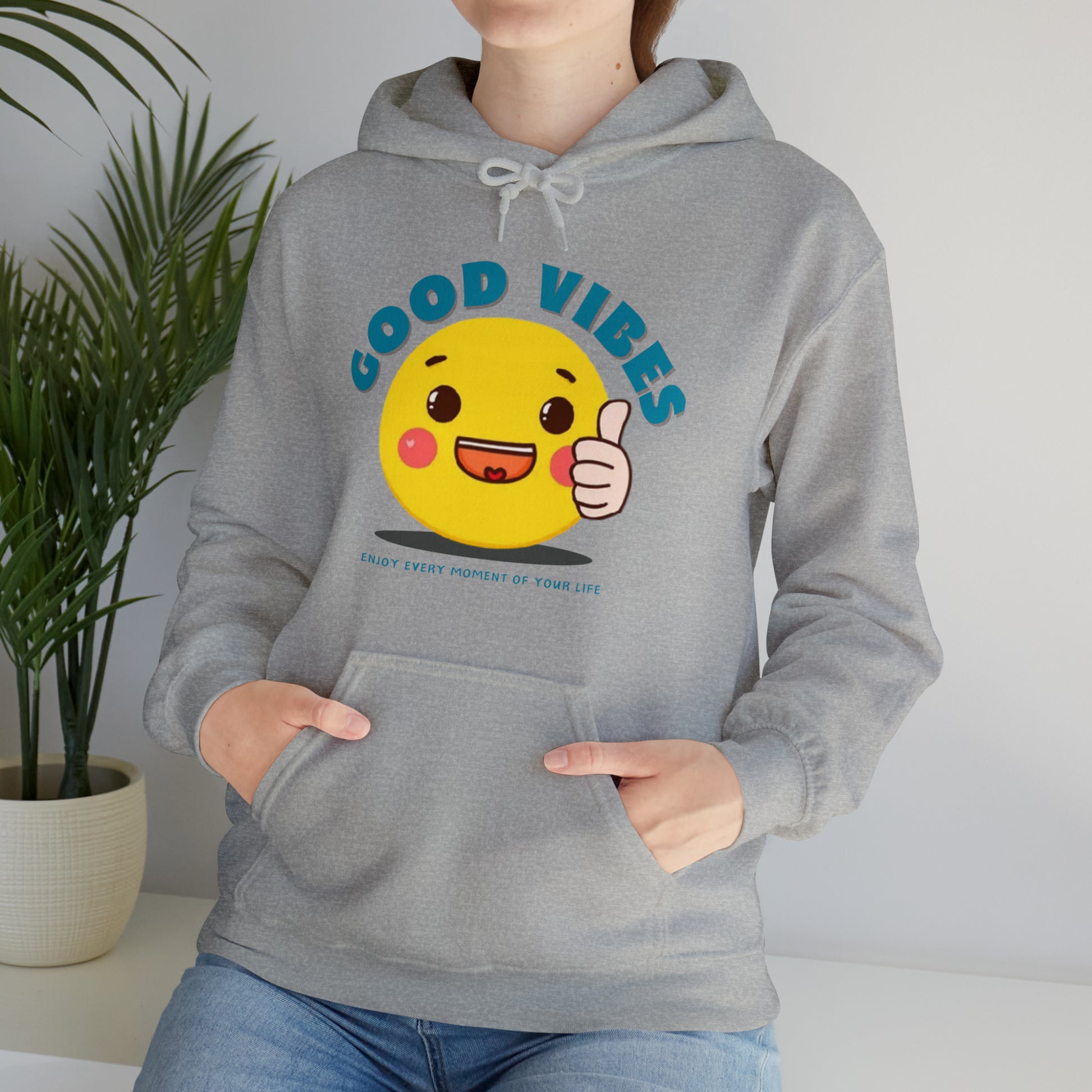 "Positive energy Good Vibes hoodie with heart-shaped design