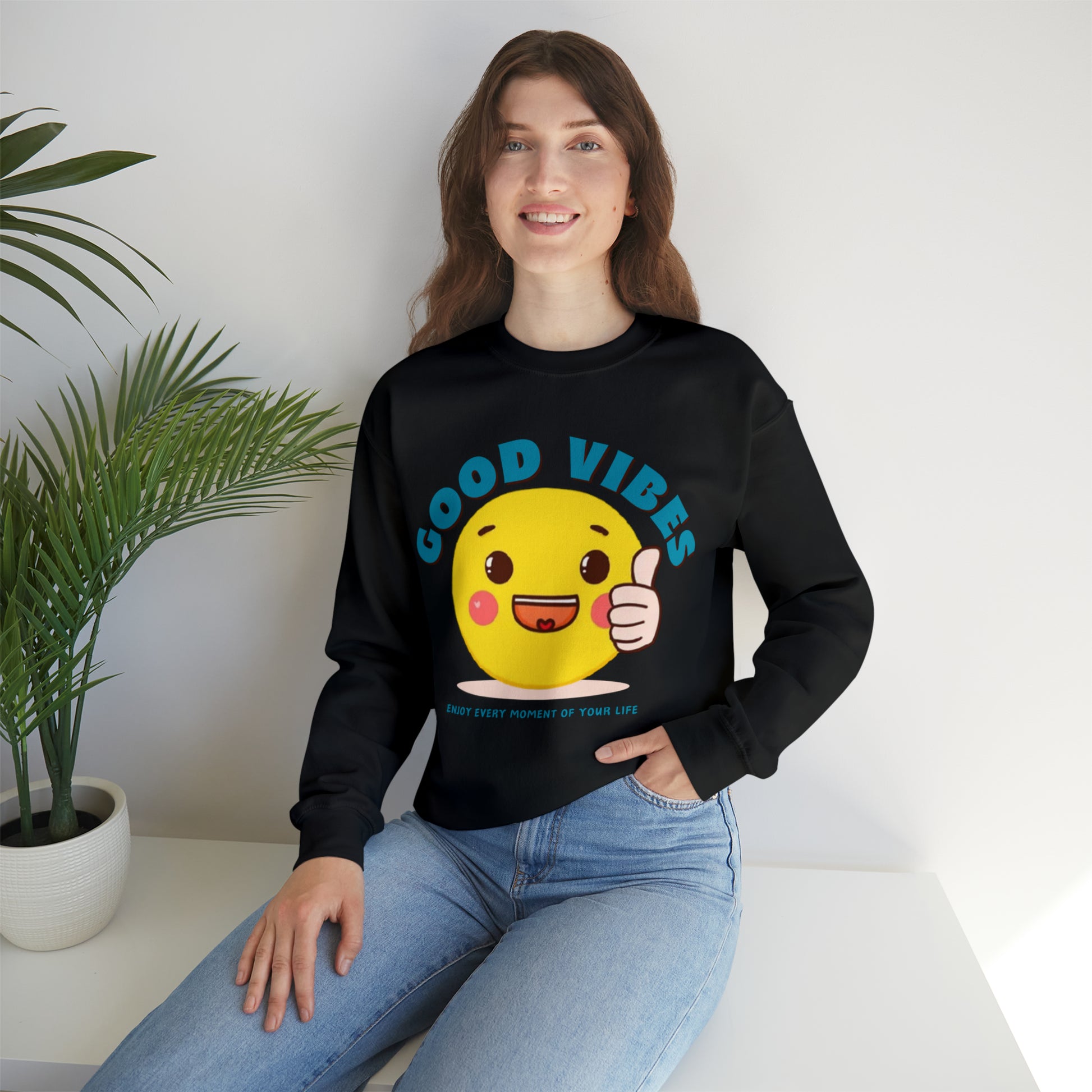 "Soft Good Vibes sweatshirt featuring a vibrant graphic design