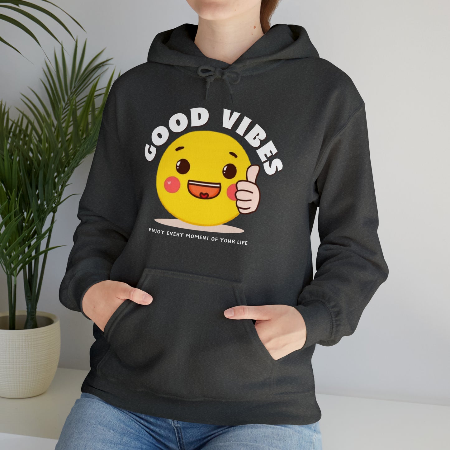 Stylish Good Vibes hoodie with vibrant and uplifting text