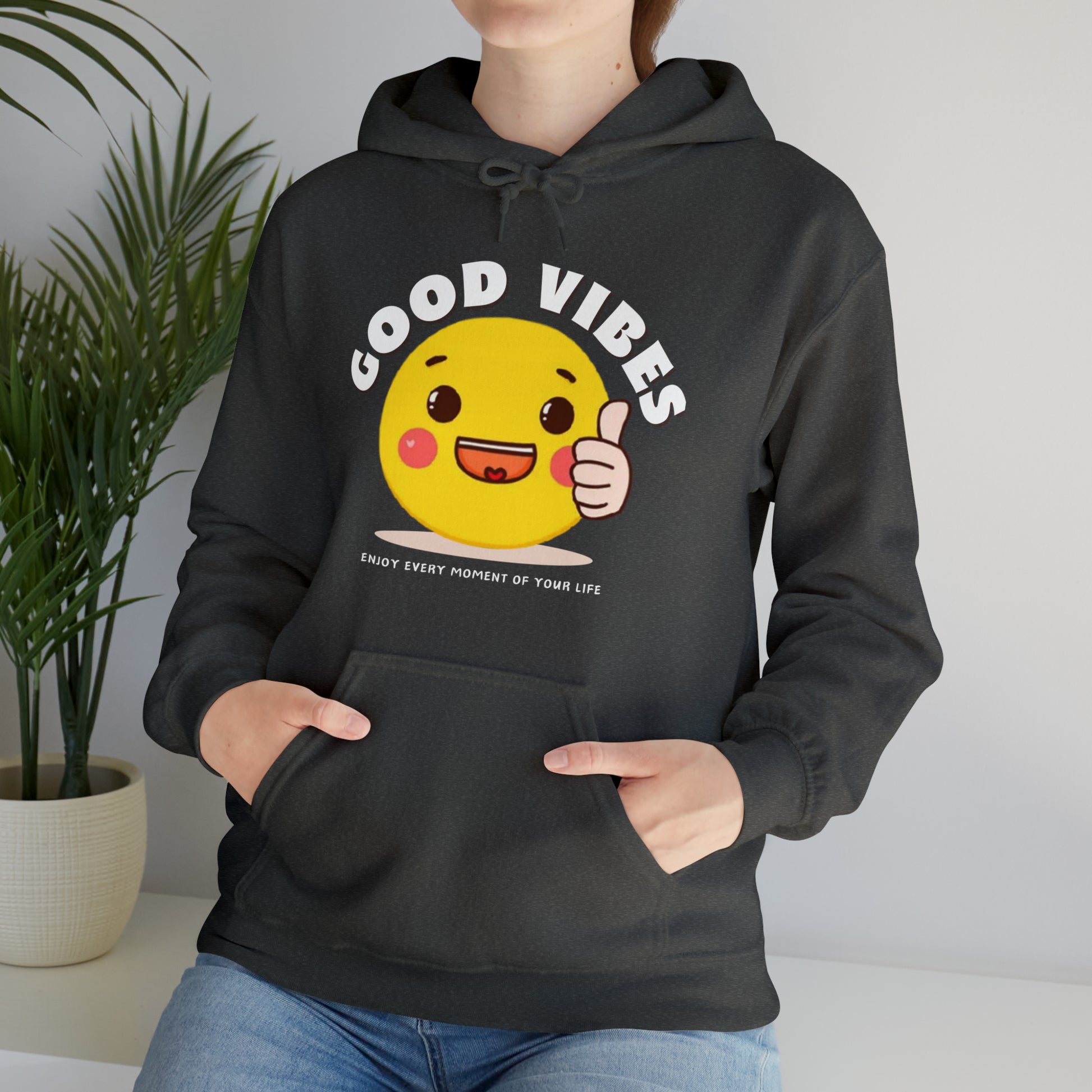 Stylish Good Vibes hoodie with vibrant and uplifting text