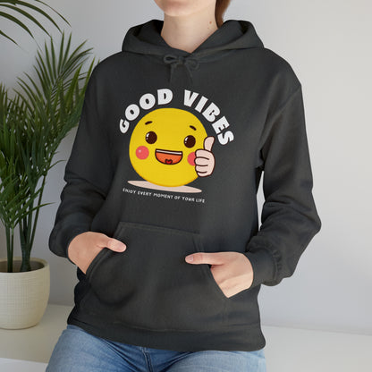 Stylish Good Vibes hoodie with vibrant and uplifting text