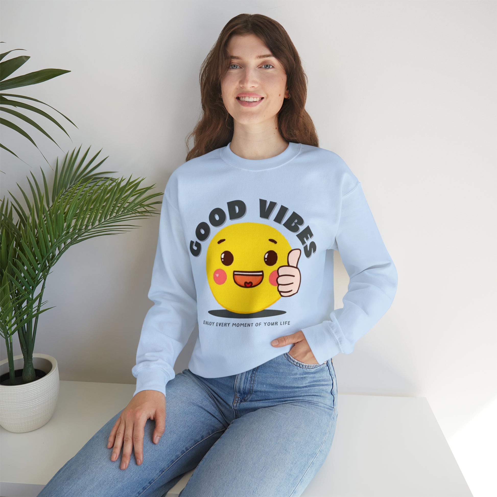 "Stylish Good Vibes sweatshirt for a relaxed and cozy look