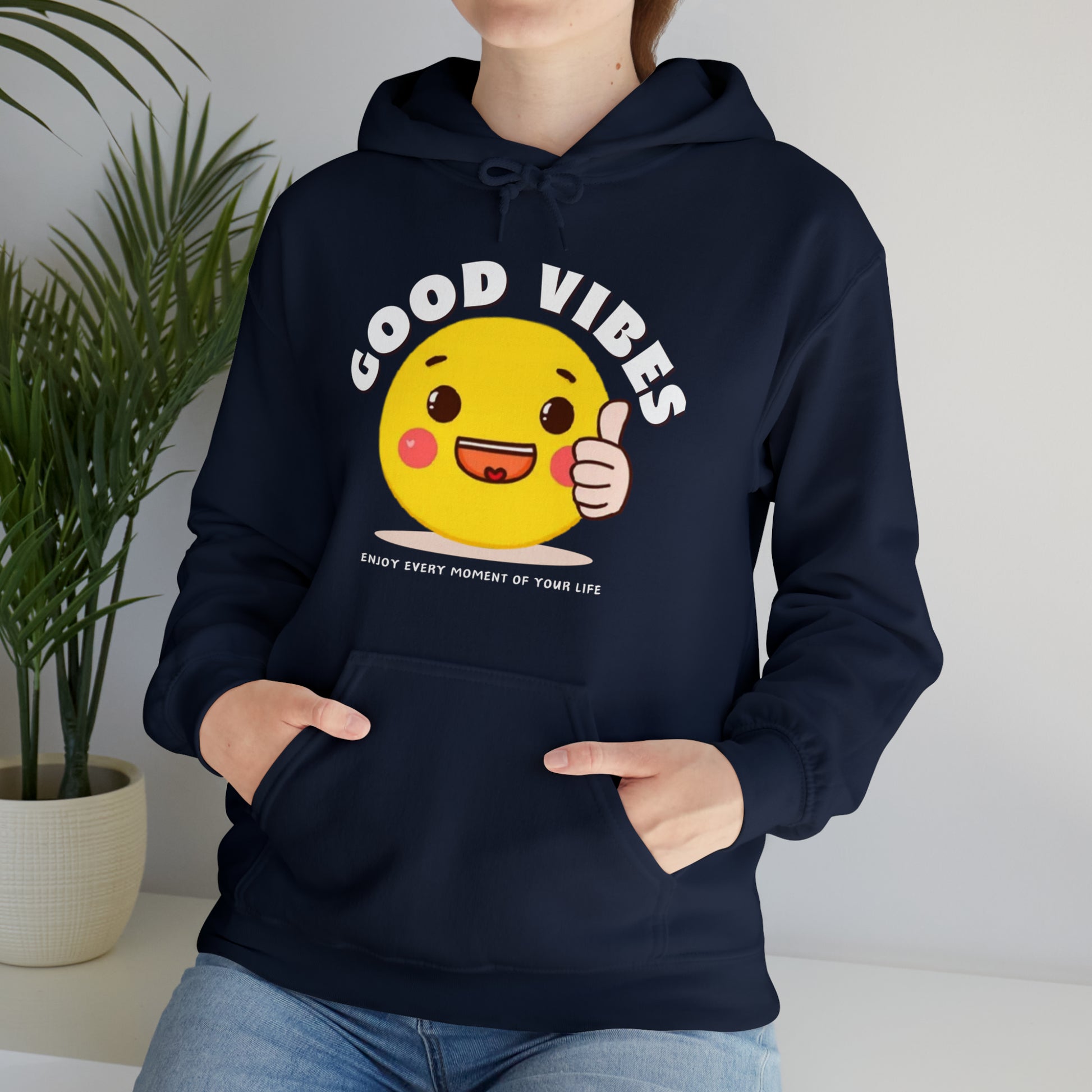 Trendy Good Vibes hoodie with motivational quote print