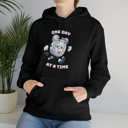 Trendy One Day At a Time hoodie with clean typography design